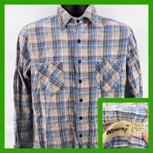 Vintage Wedgefield Flannel Shirt Mens Medium Plaid Blue Red Heavy Cotton 70s 80s